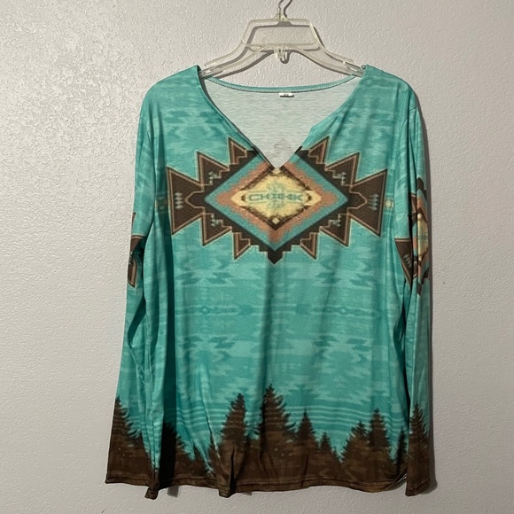 Women's M Aztec Print Tunic Pullover. Scoop/V-Neck, Western, Boho, Geometrical - Picture 1 of 6
